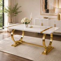 Hols Dining Table, Gold Banding on White Top, O-Shaped Steel Legs 60 Inch-BM353121