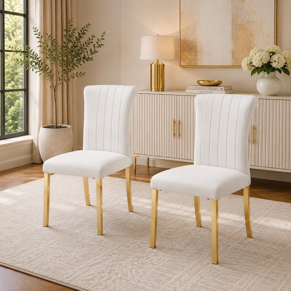 Hols Parson Dining Side Chair Set of 2, Channeled White Fabric, Gold Steel Base-BM353122