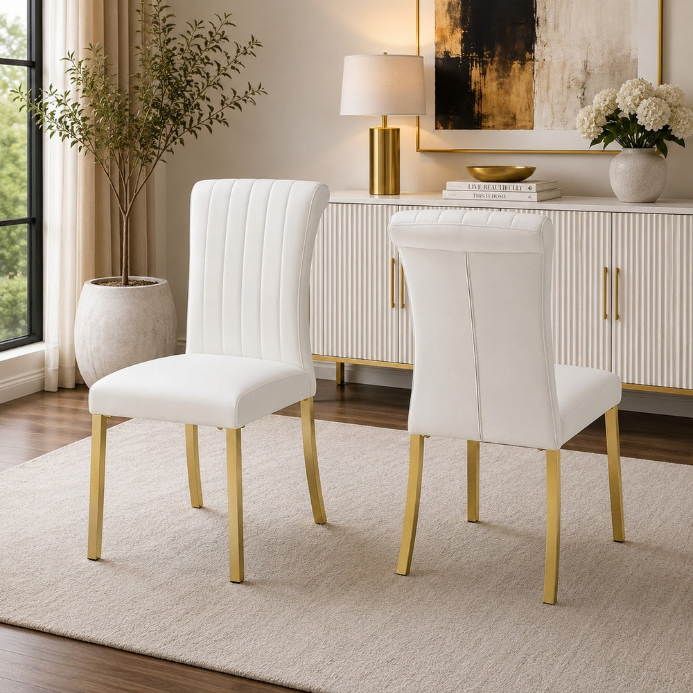 Hols Parson Dining Side Chair Set of 2, Channeled White Fabric, Gold Steel Base-BM353122