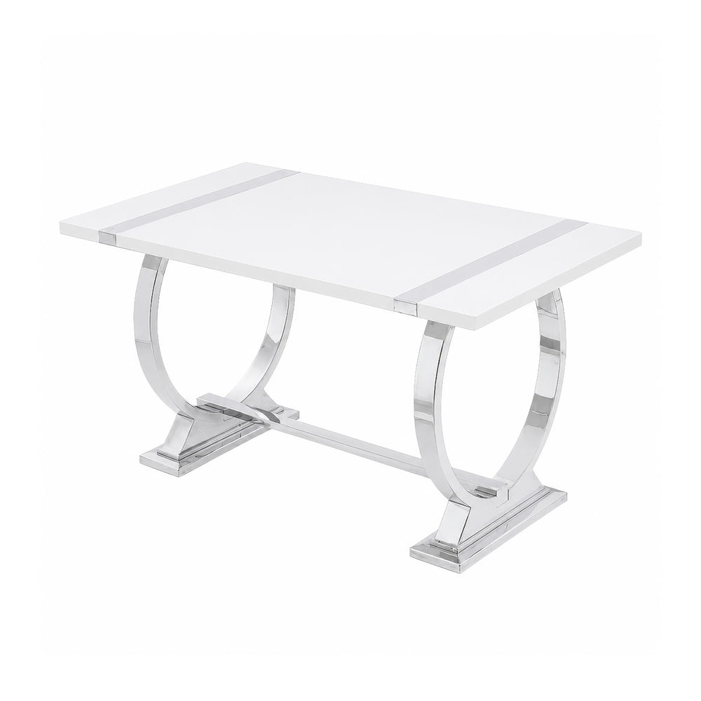 Hols Dining Table, Silver Banding on White Top, O-Shaped Steel Legs 60 Inch-BM353124