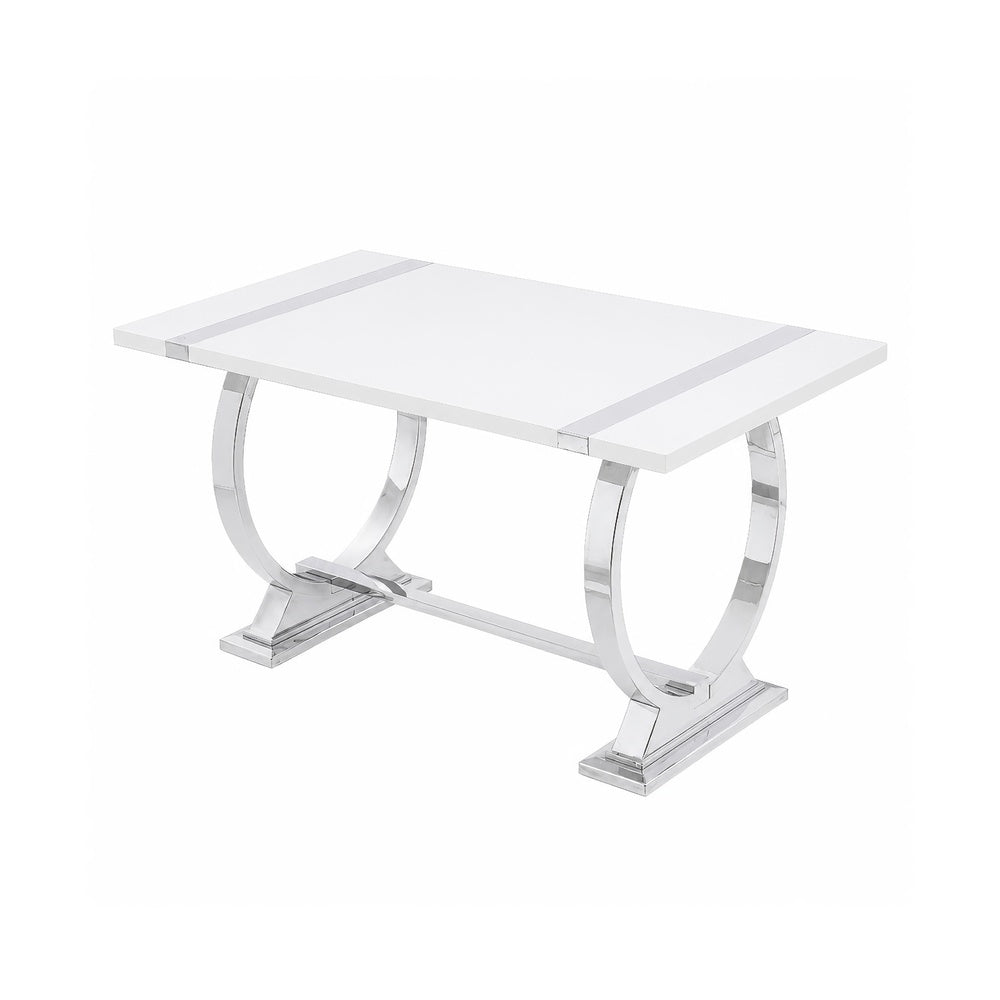 Hols Dining Table, Silver Banding on White Top, O-Shaped Steel Legs 60 Inch-BM353124