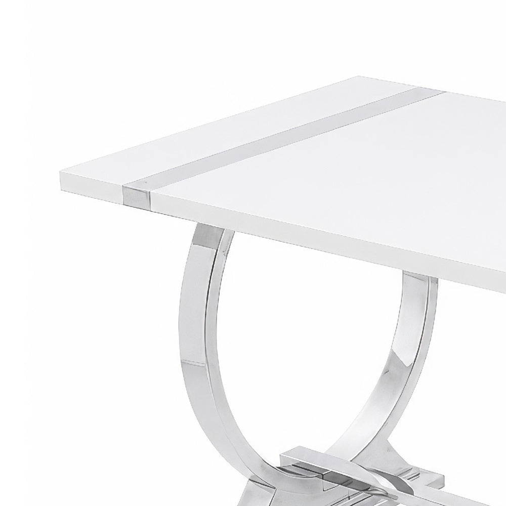 Hols Dining Table, Silver Banding on White Top, O-Shaped Steel Legs 60 Inch-BM353124
