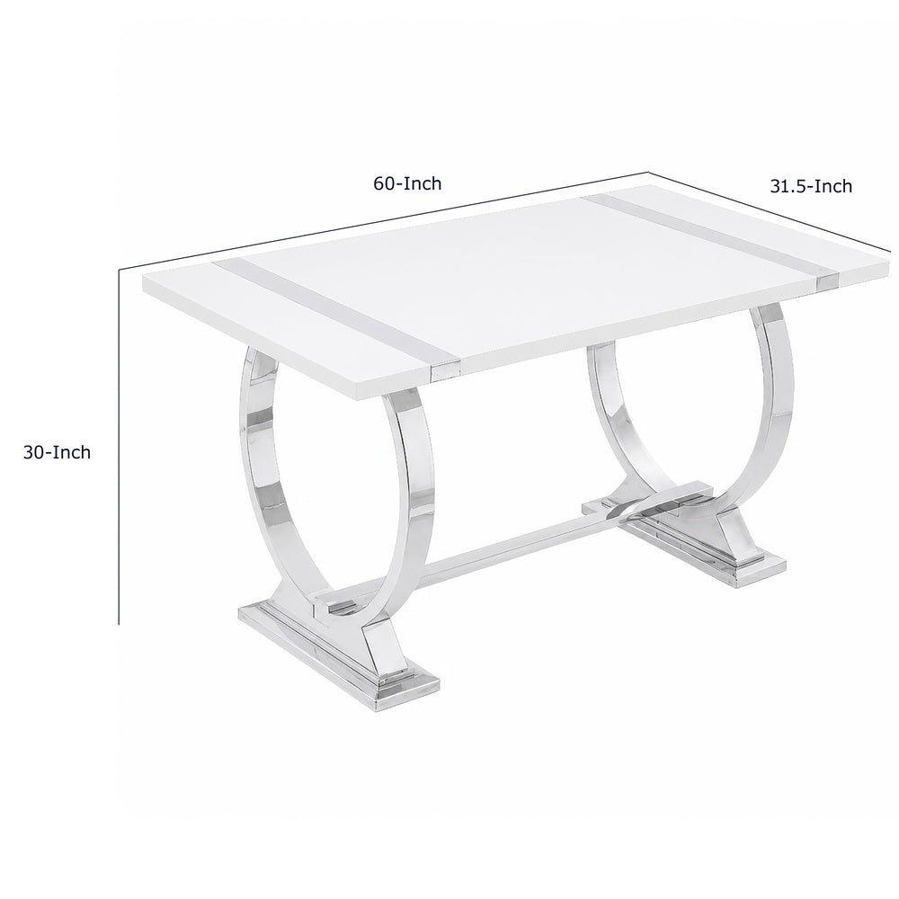 Hols Dining Table, Silver Banding on White Top, O-Shaped Steel Legs 60 Inch-BM353124