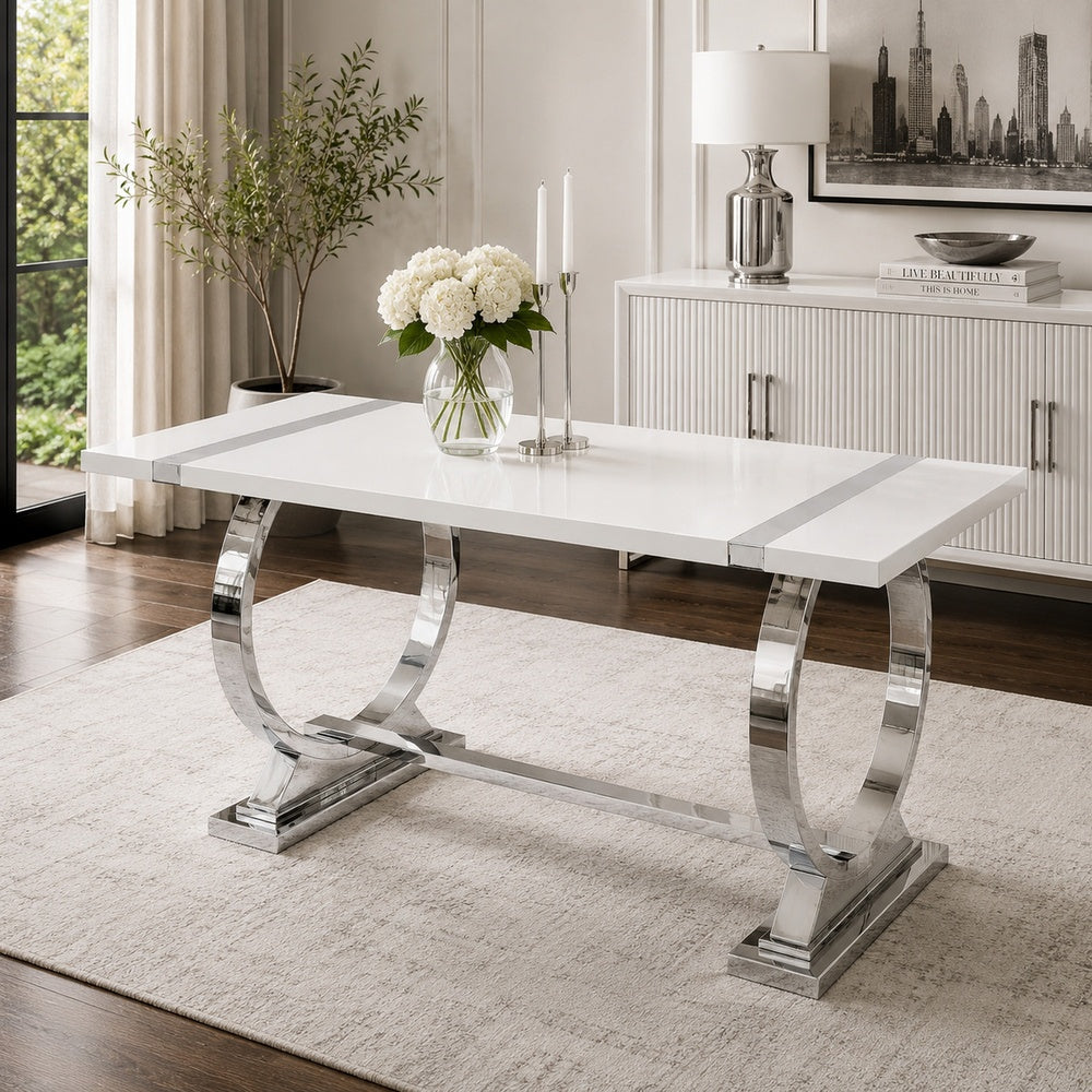 Hols Dining Table, Silver Banding on White Top, O-Shaped Steel Legs 60 Inch-BM353124