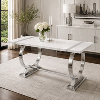 Hols Dining Table, Silver Banding on White Top, O-Shaped Steel Legs 60 Inch-BM353124
