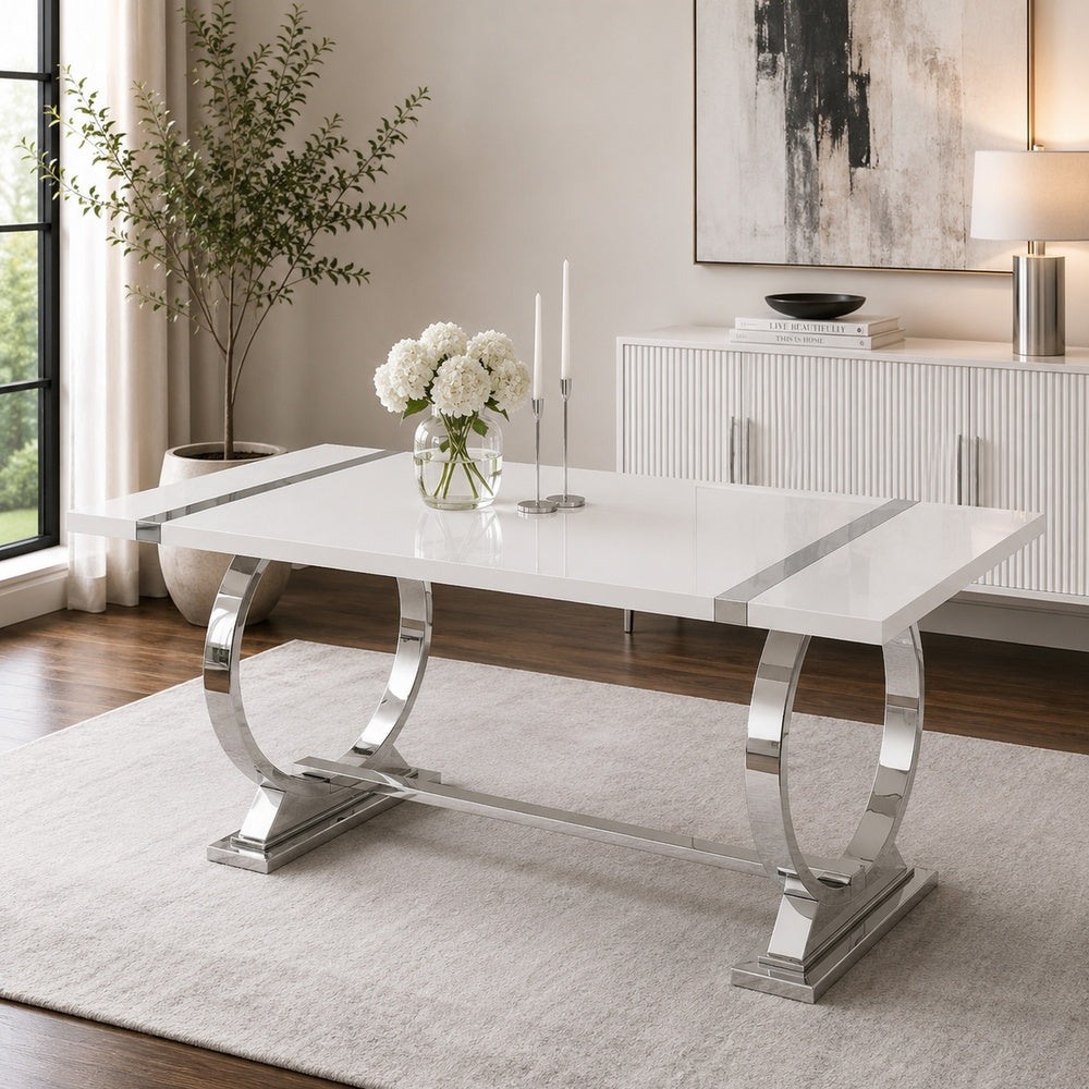 Hols Dining Table, Silver Banding on White Top, O-Shaped Steel Legs 60 Inch-BM353124