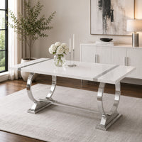 Hols Dining Table, Silver Banding on White Top, O-Shaped Steel Legs 60 Inch-BM353124