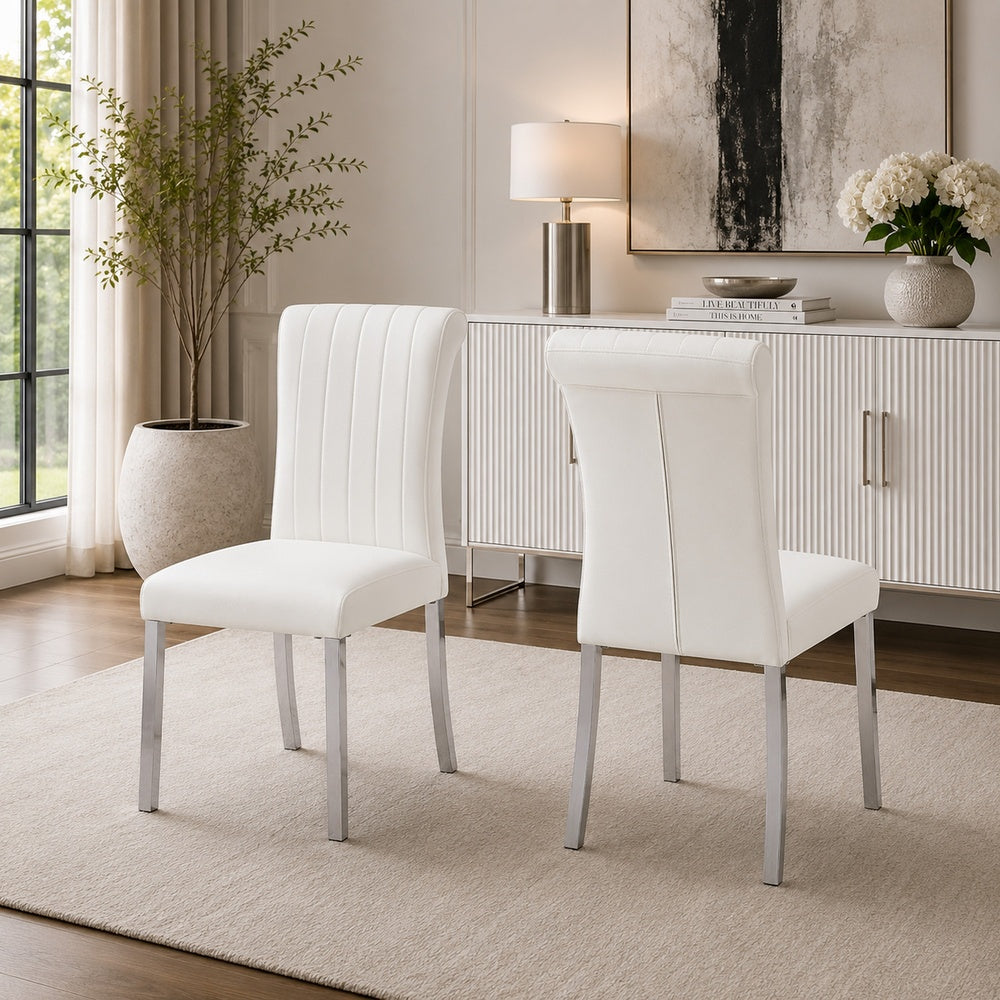Hols Parson Dining Side Chair Set of 2, White Fabric, Silver Steel -BM353125