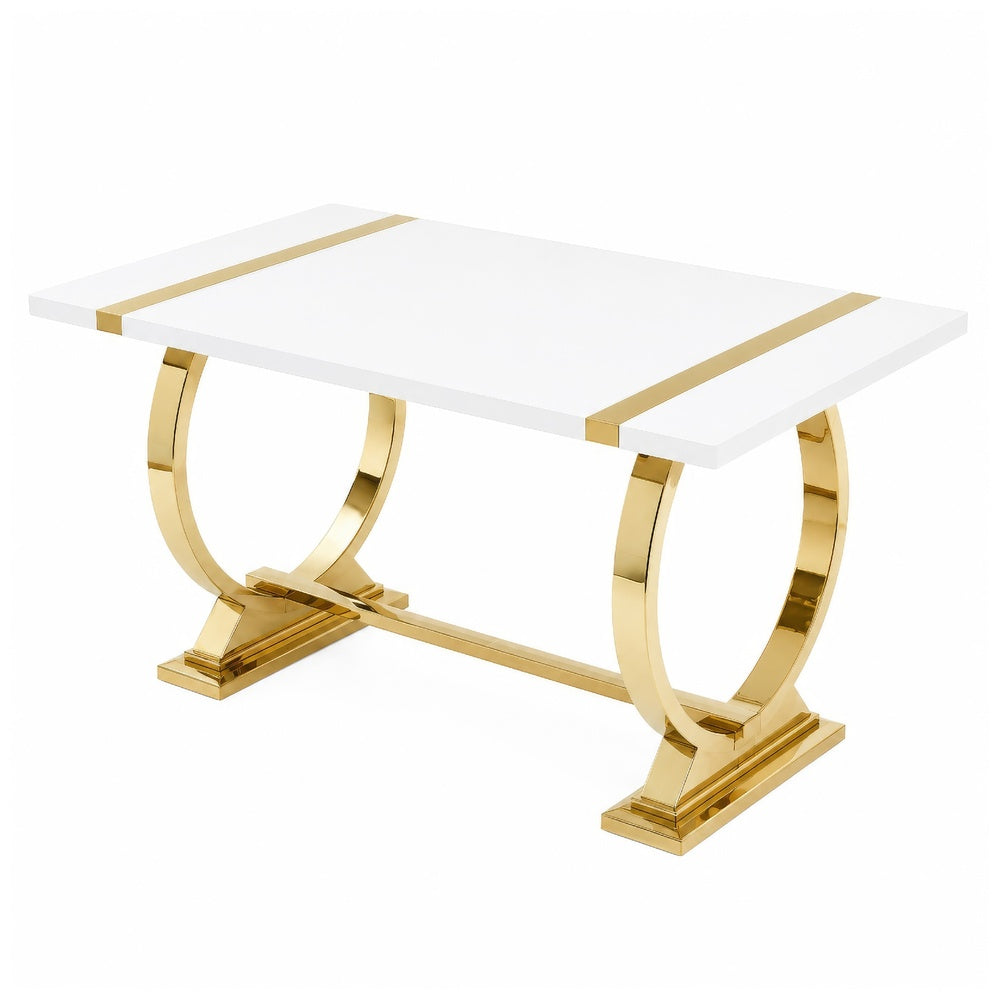 Hols Dining Table, Gold Banding on White Top, O-Shaped Steel Legs 80 Inch-BM353126