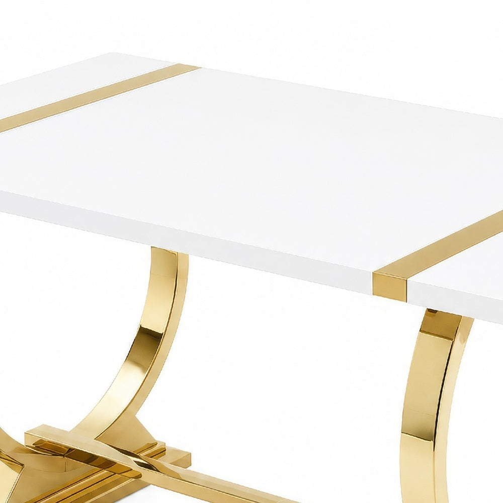 Hols Dining Table, Gold Banding on White Top, O-Shaped Steel Legs 80 Inch-BM353126