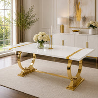 Hols Dining Table, Gold Banding on White Top, O-Shaped Steel Legs 80 Inch-BM353126