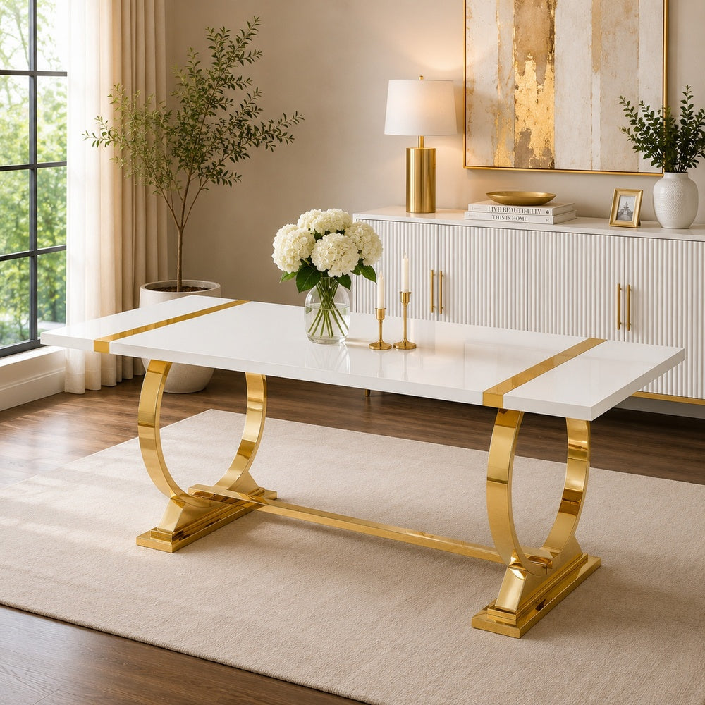 Hols Dining Table, Gold Banding on White Top, O-Shaped Steel Legs 80 Inch-BM353126