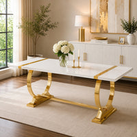 Hols Dining Table, Gold Banding on White Top, O-Shaped Steel Legs 80 Inch-BM353126