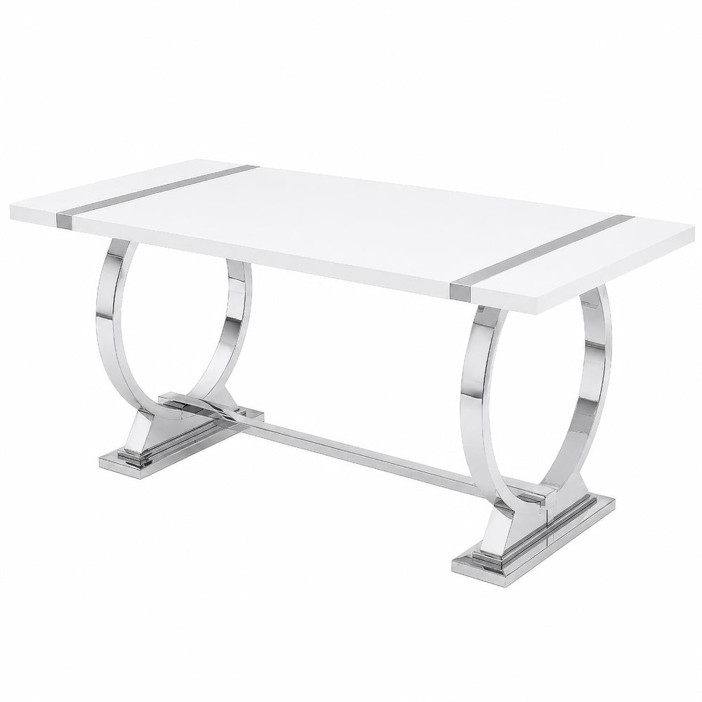 Hols Dining Table, Silver Banding on White Top, O-Shaped Steel Legs 80 Inch-BM353127