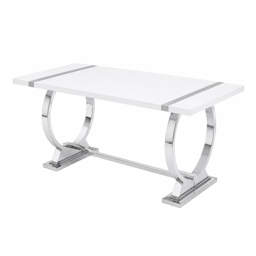 Hols Dining Table, Silver Banding on White Top, O-Shaped Steel Legs 80 Inch-BM353127