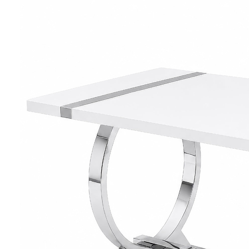 Hols Dining Table, Silver Banding on White Top, O-Shaped Steel Legs 80 Inch-BM353127