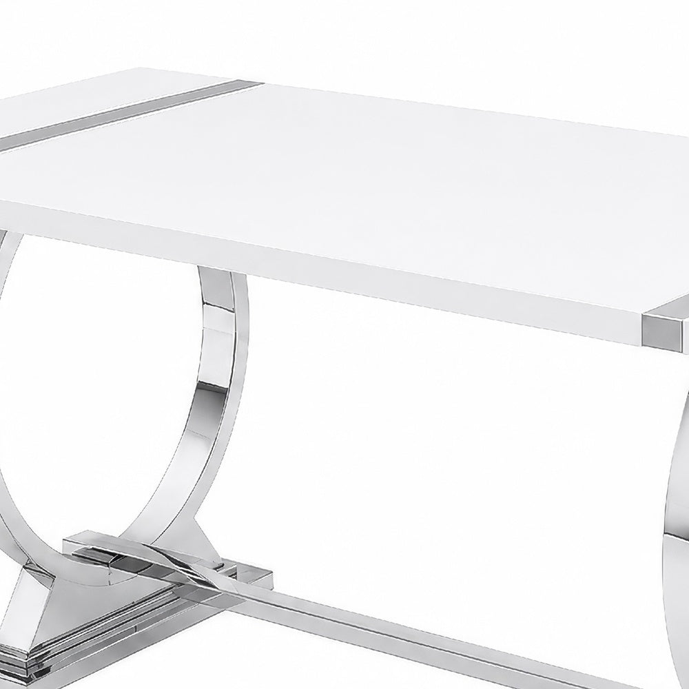 Hols Dining Table, Silver Banding on White Top, O-Shaped Steel Legs 80 Inch-BM353127