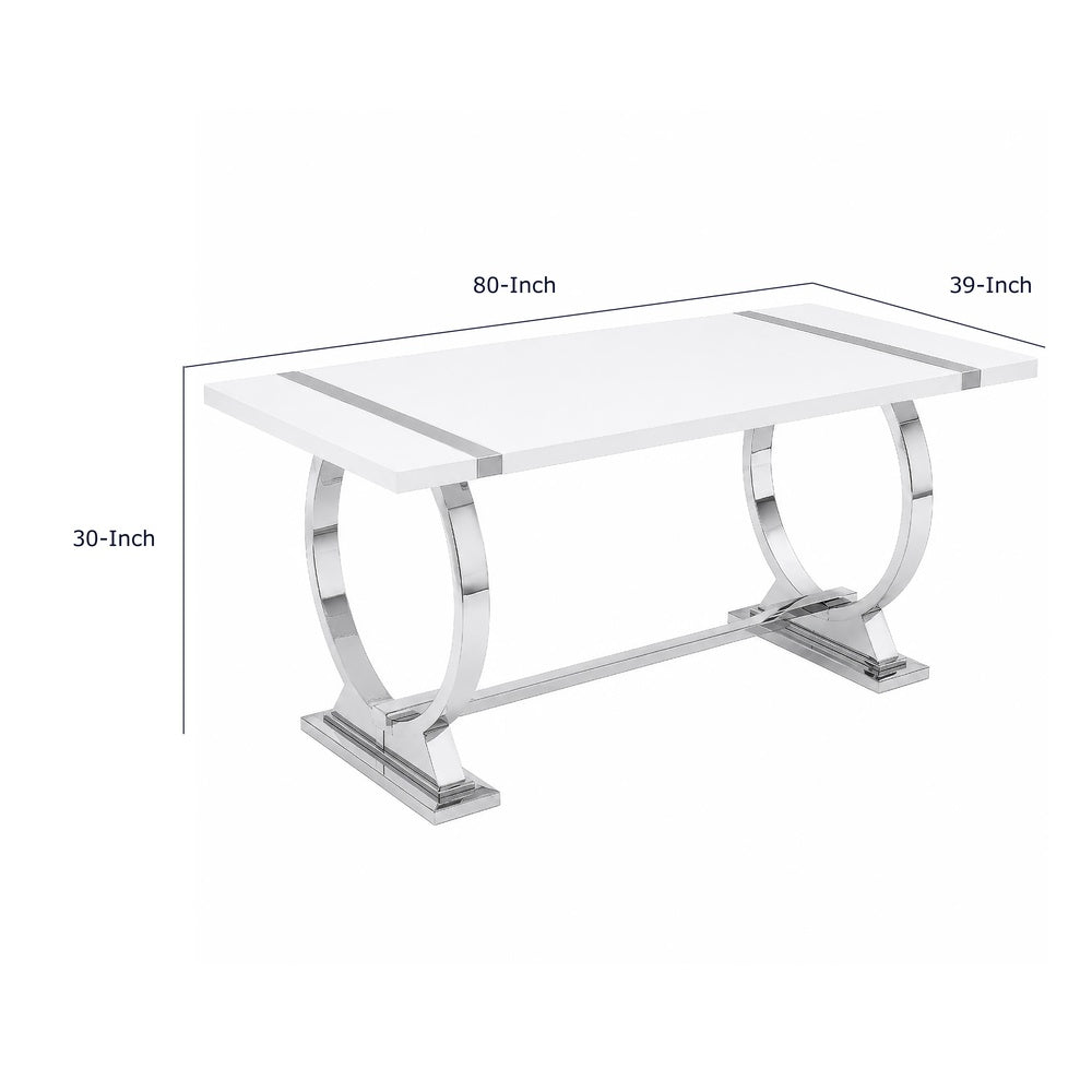 Hols Dining Table, Silver Banding on White Top, O-Shaped Steel Legs 80 Inch-BM353127
