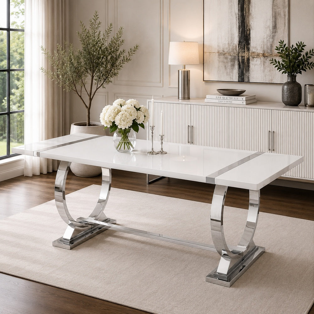 Hols Dining Table, Silver Banding on White Top, O-Shaped Steel Legs 80 Inch-BM353127