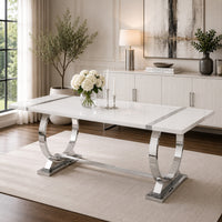 Hols Dining Table, Silver Banding on White Top, O-Shaped Steel Legs 80 Inch-BM353127