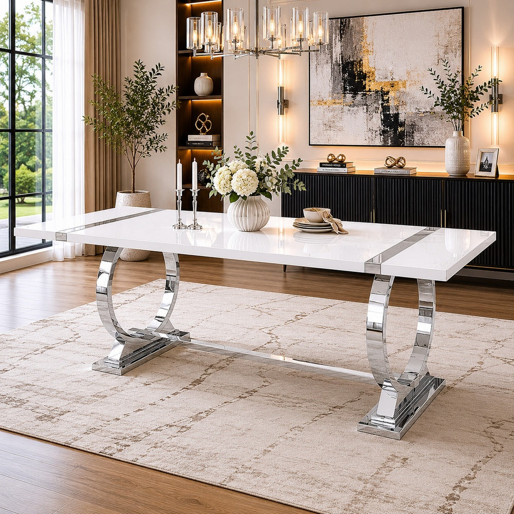 Hols Dining Table, Silver Banding on White Top, O-Shaped Steel Legs 80 Inch-BM353127