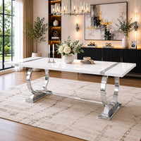 Hols Dining Table, Silver Banding on White Top, O-Shaped Steel Legs 80 Inch-BM353127