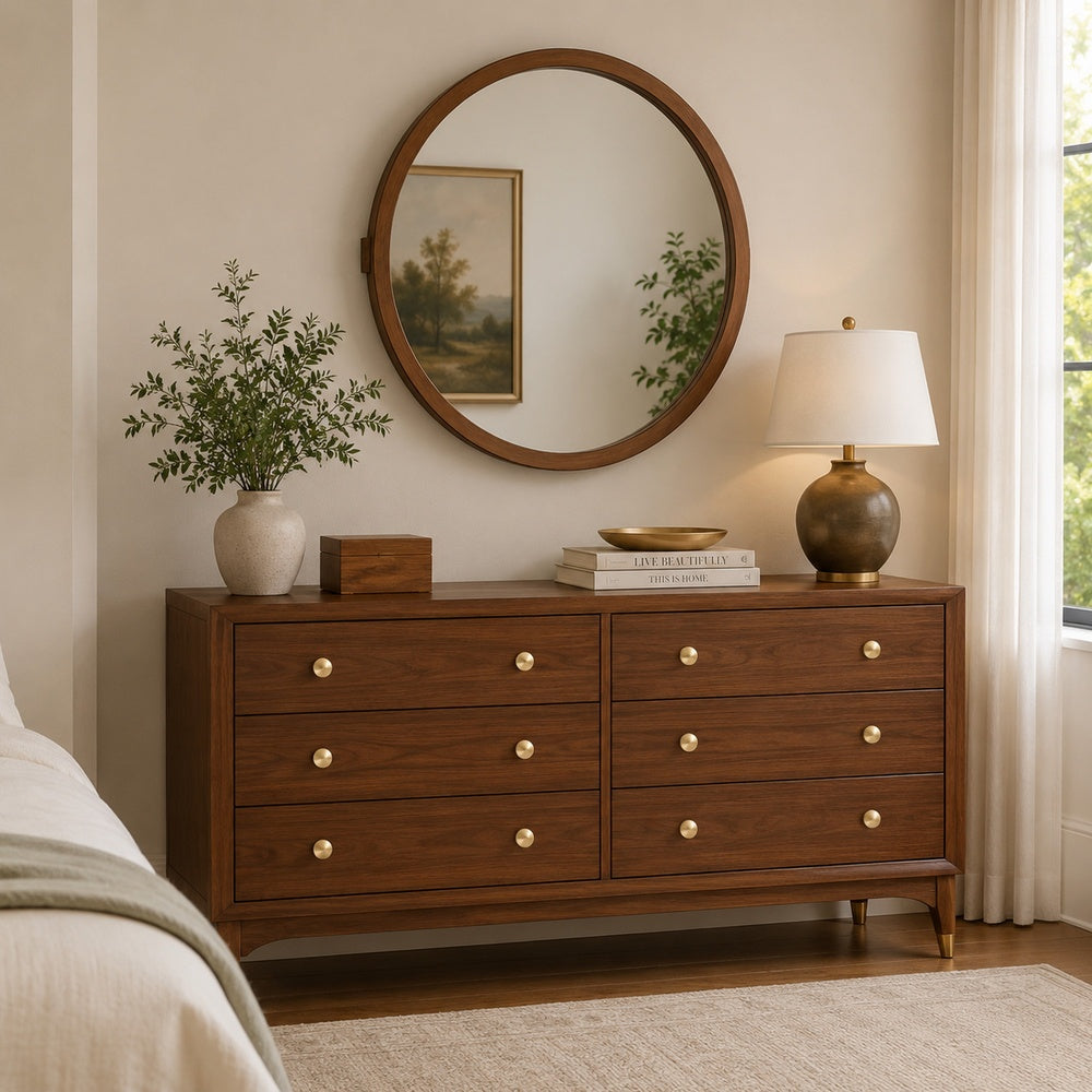 Urne Dresser Mirror, Framed Design, Walnut Brown Wood, 36 Inch Round-BM353130