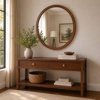 Urne Dresser Mirror, Framed Design, Walnut Brown Wood, 36 Inch Round-BM353130