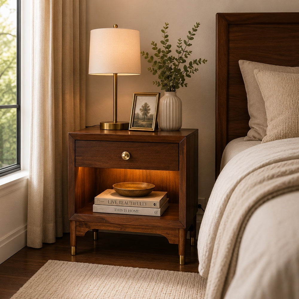 Urne Nightstand, 1 Drawer with Shelf, USB Port and LED, Walnut Brown-BM353131