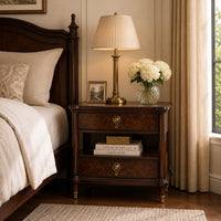 Raam Nightstand, 2 Drawers, 1 Shelf, Gold Capped Legs, Dark Cherry Brown-BM353134
