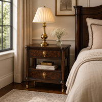 Raam Nightstand, 2 Drawers, 1 Shelf, Gold Capped Legs, Dark Cherry Brown-BM353134