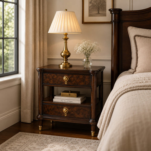 Raam Nightstand, 2 Drawers, 1 Shelf, Gold Capped Legs, Dark Cherry Brown-BM353134