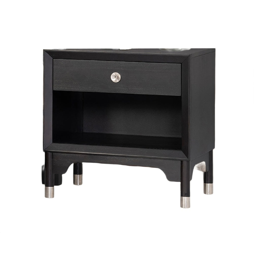 Tora Nightstand, 2 USB Ports, Drawer and Shelf, Silver Capped Legs, Black-BM353135