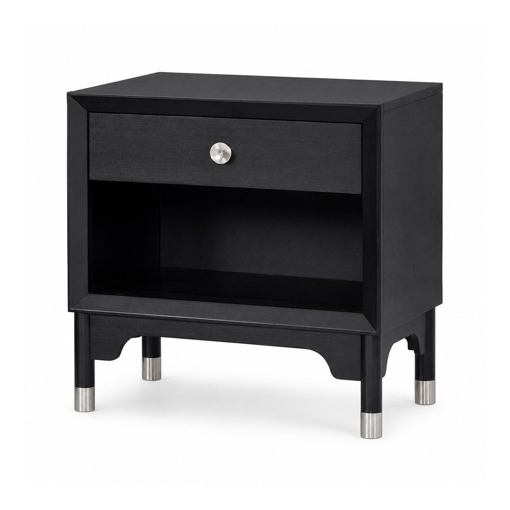 Tora Nightstand, 2 USB Ports, Drawer and Shelf, Silver Capped Legs, Black-BM353135