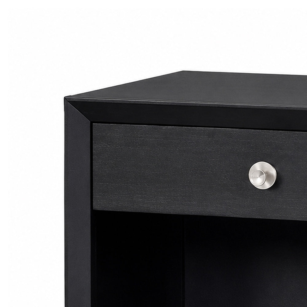 Tora Nightstand, 2 USB Ports, Drawer and Shelf, Silver Capped Legs, Black-BM353135