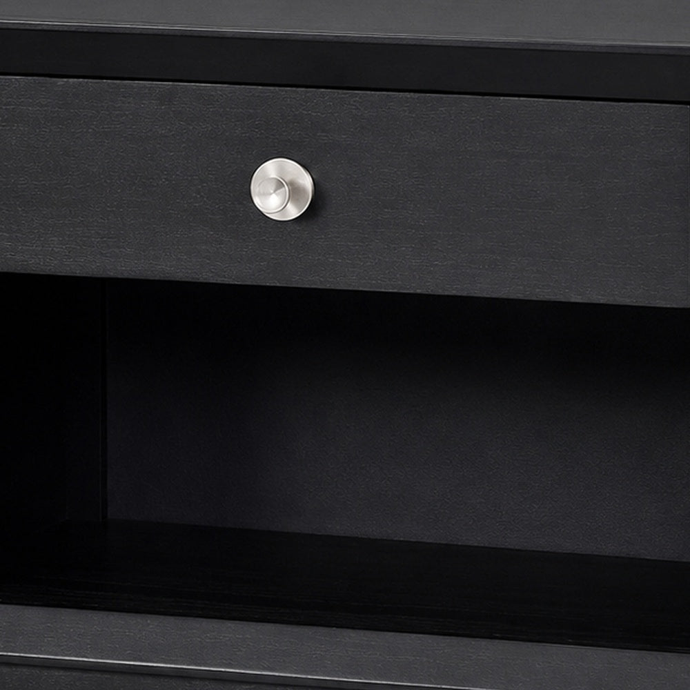 Tora Nightstand, 2 USB Ports, Drawer and Shelf, Silver Capped Legs, Black-BM353135