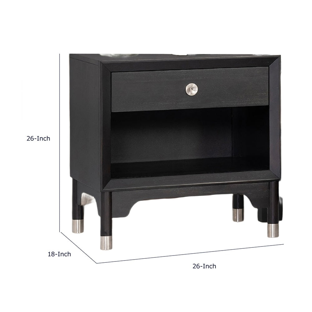 Tora Nightstand, 2 USB Ports, Drawer and Shelf, Silver Capped Legs, Black-BM353135