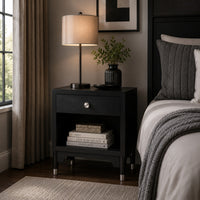 Tora Nightstand, 2 USB Ports, Drawer and Shelf, Silver Capped Legs, Black-BM353135