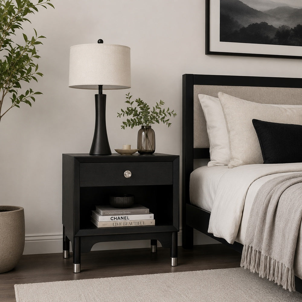 Tora Nightstand, 2 USB Ports, Drawer and Shelf, Silver Capped Legs, Black-BM353135