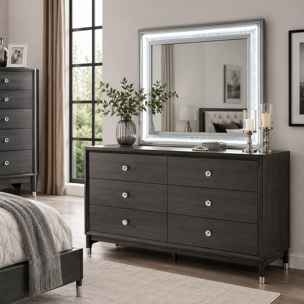 Gala Dresser Mirror, Embedded Crystal Trim w LED, Gray 40x44 Rectangular-BM353138