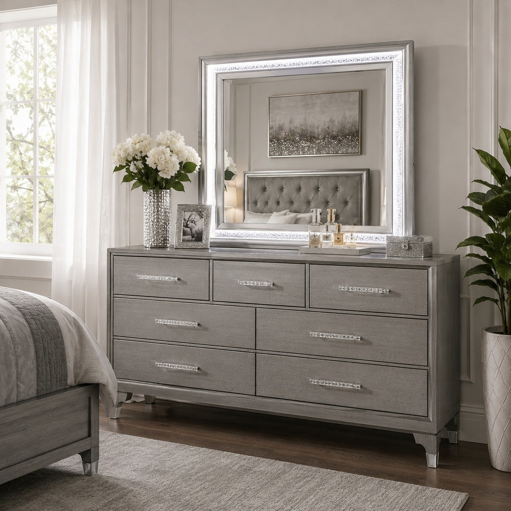 Gala Dresser Mirror, Embedded Crystal Trim w LED, Gray 40x44 Rectangular-BM353138