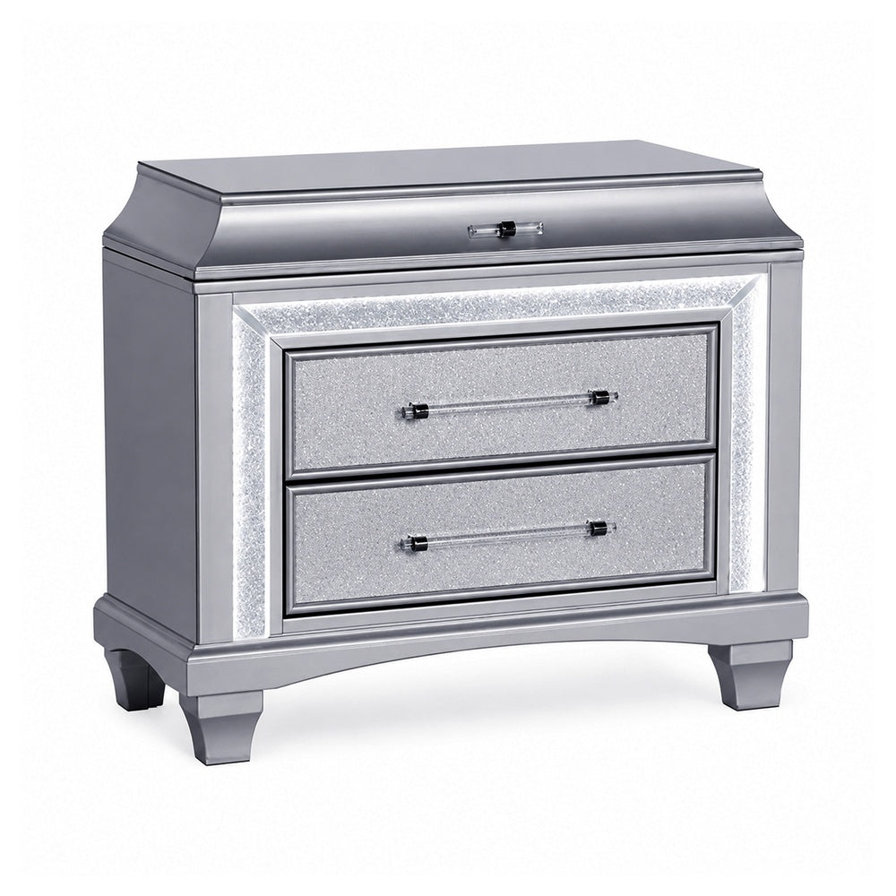 Gala Nightstand, 2 Drawers, Felt-Lined, Crystal Trim w LED, Glam Gray-BM353139