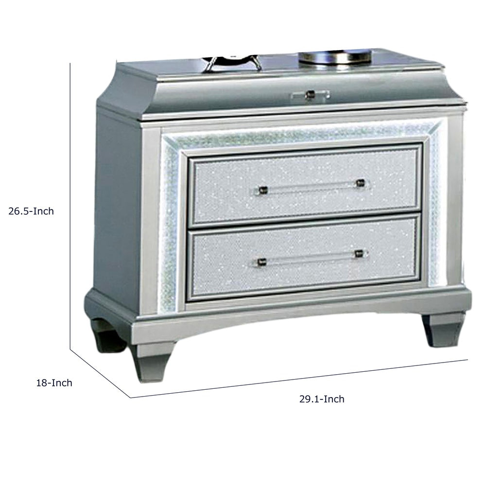 Gala Nightstand, 2 Drawers, Felt-Lined, Crystal Trim w LED, Glam Gray-BM353139