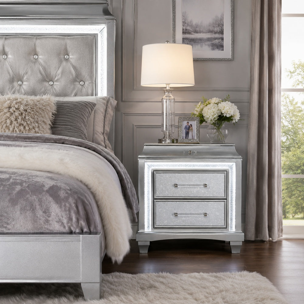Gala Nightstand, 2 Drawers, Felt-Lined, Crystal Trim w LED, Glam Gray-BM353139
