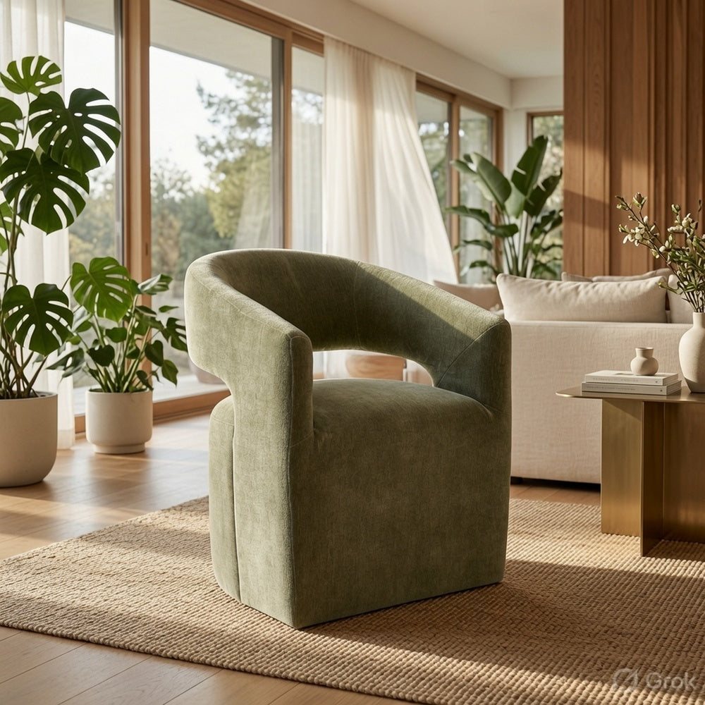 Esha Accent Barrel Chair w Casters, Foam Fill Textured Green Upholstery-BM353140