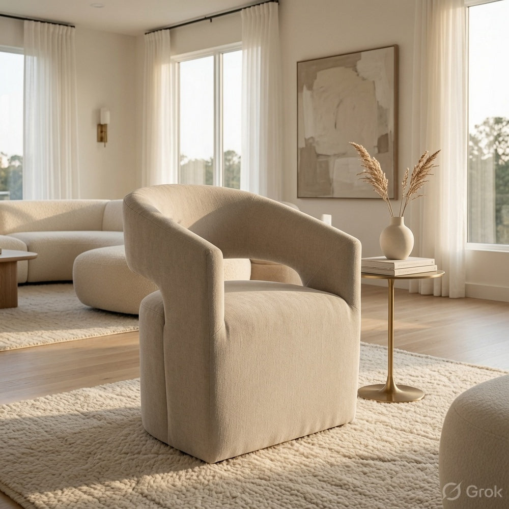 Esha Accent Barrel Chair w Casters, Foam Fill Taupe Brown Upholstery-BM353142