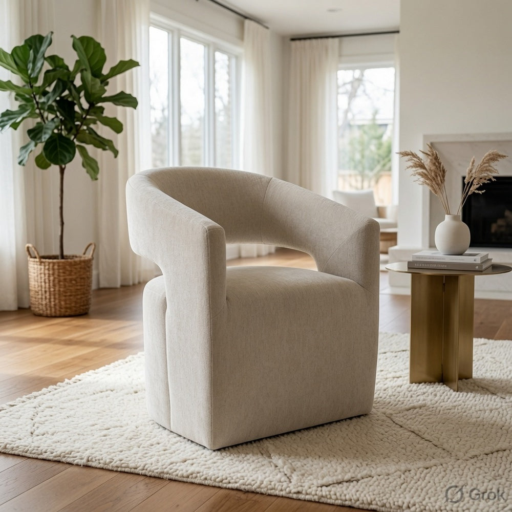 Esha Accent Barrel Chair w Casters, Foam Fill Taupe Brown Upholstery-BM353142