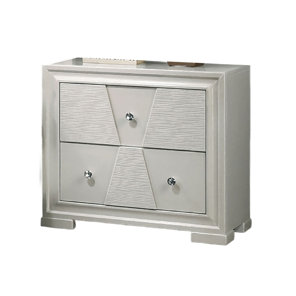 Hezi Bedside Nightstand, 2 Drawer, White Zig Zag Front, Acrylic Knobs-BM353146
