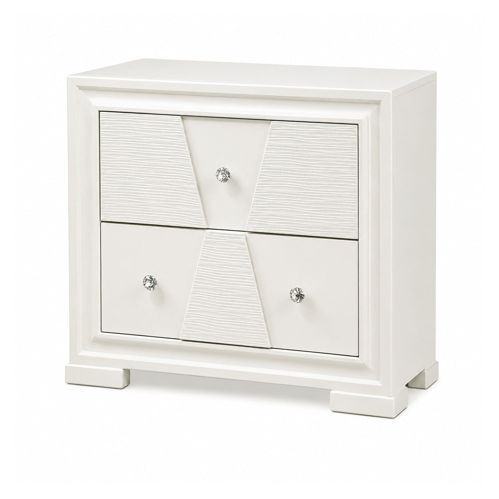 Hezi Bedside Nightstand, 2 Drawer, White Zig Zag Front, Acrylic Knobs-BM353146