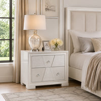 Hezi Bedside Nightstand, 2 Drawer, White Zig Zag Front, Acrylic Knobs-BM353146